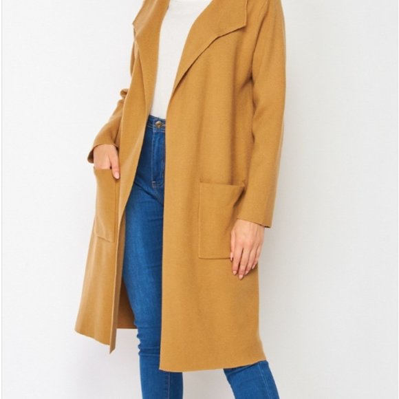 Sweater Cardigan Long Duster, Below the Knees with Pockets, Camel Tan Color - Picture 5 of 11